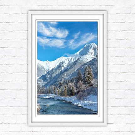 Framed picture Winter landscape of river and mountains, Austria. Choice of frame colours and options.