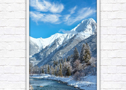 Framed picture Winter landscape of river and mountains, Austria. Choice of frame colours and options.