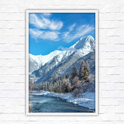 Framed picture Winter landscape of river and mountains, Austria. Choice of frame colours and options.