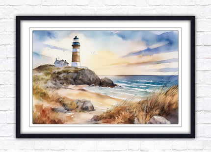 Framed picture, lighthouse on the headland, soft watercolour painting framed print. Beach seascape. Choice of frame styles available.