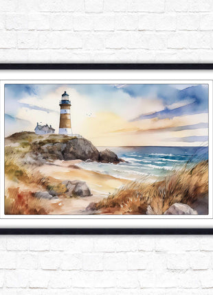 Framed picture, lighthouse on the headland, soft watercolour painting framed print. Beach seascape. Choice of frame styles available.