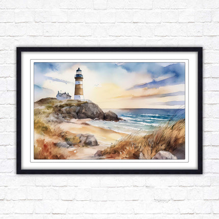 Framed picture, lighthouse on the headland, soft watercolour painting framed print. Beach seascape. Choice of frame styles available.