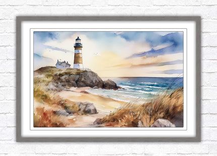 Framed picture, lighthouse on the headland, soft watercolour painting framed print. Beach seascape. Choice of frame styles available.
