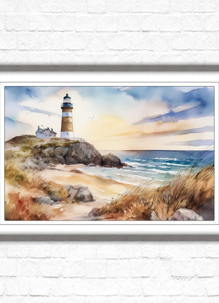 Framed picture, lighthouse on the headland, soft watercolour painting framed print. Beach seascape. Choice of frame styles available.
