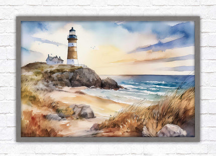 Framed picture, lighthouse on the headland, soft watercolour painting framed print. Beach seascape. Choice of frame styles available.
