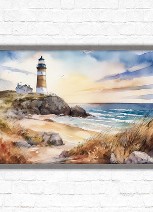 Framed picture, lighthouse on the headland, soft watercolour painting framed print. Beach seascape. Choice of frame styles available.