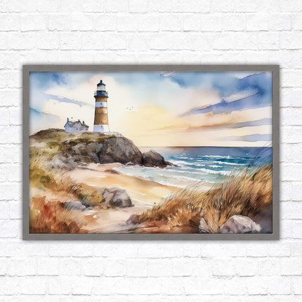 Framed picture, lighthouse on the headland, soft watercolour painting framed print. Beach seascape. Choice of frame styles available.
