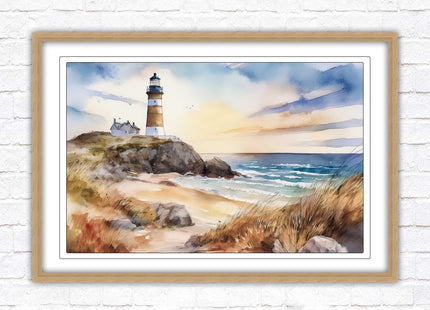 Framed picture, lighthouse on the headland, soft watercolour painting framed print. Beach seascape. Choice of frame styles available.