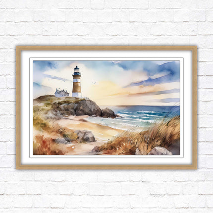 Framed picture, lighthouse on the headland, soft watercolour painting framed print. Beach seascape. Choice of frame styles available.
