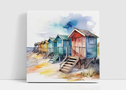Beach huts canvas picture. Watercolour coastal image. A choice of sizes available. Unique Wall Art