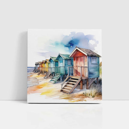 Beach huts canvas picture. Watercolour coastal image. A choice of sizes available. Unique Wall Art