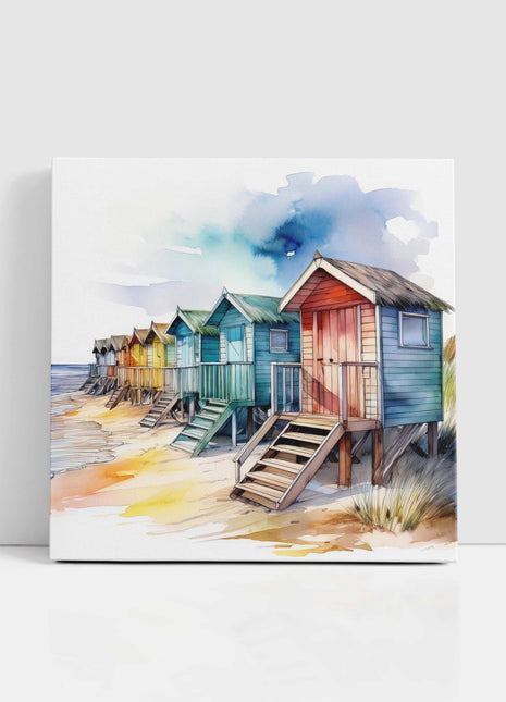 Beach huts canvas picture. Watercolour coastal image. A choice of sizes available. Unique Wall Art