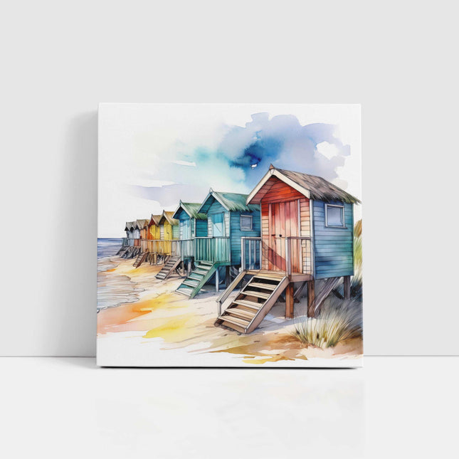Beach huts canvas picture. Watercolour coastal image. A choice of sizes available. Unique Wall Art