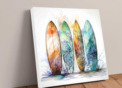 Surf boards canvas picture print. Watercolour coastal image. A choice of sizes available. Unique Wall Art