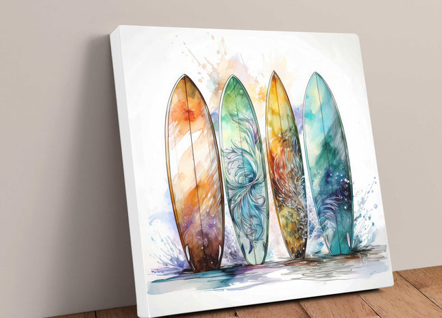 Surf boards canvas picture print. Watercolour coastal image. A choice of sizes available. Unique Wall Art