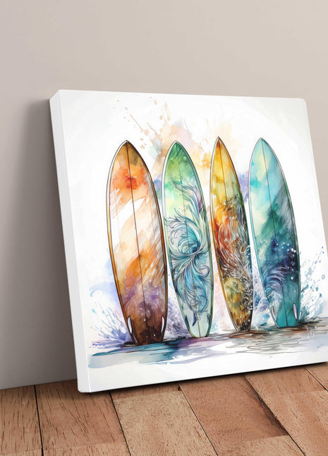 Surf boards canvas picture print. Watercolour coastal image. A choice of sizes available. Unique Wall Art
