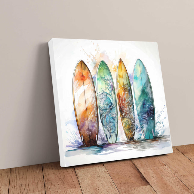 Surf boards canvas picture print. Watercolour coastal image. A choice of sizes available. Unique Wall Art