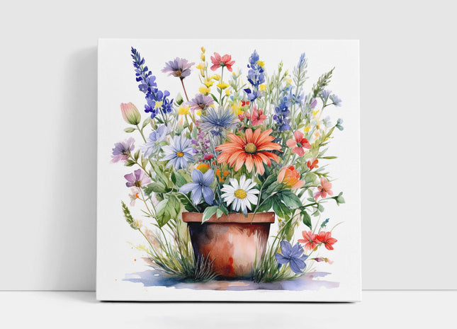 Wild flowers canvas picture. Image printed and finished as a canvas picture. Watercolour potted flowers. Choice of sizes available Wall Art.