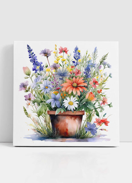 Wild flowers canvas picture. Image printed and finished as a canvas picture. Watercolour potted flowers. Choice of sizes available Wall Art.