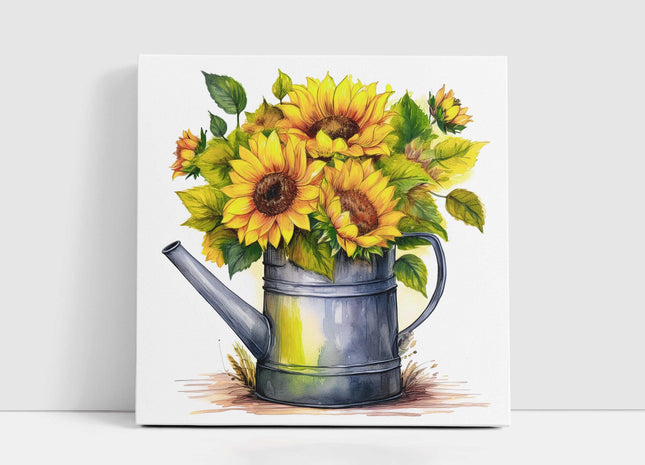 Sunflowers canvas picture. Image printed and finished as a canvas picture. Sunflowers in Vintage watering can. A choice of sizes. Wall Art.