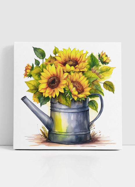 Sunflowers canvas picture. Image printed and finished as a canvas picture. Sunflowers in Vintage watering can. A choice of sizes. Wall Art.
