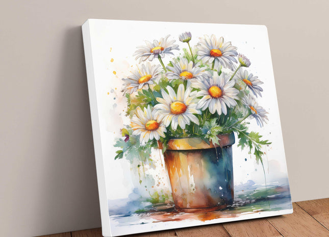 Daisies canvas picture. Image printed and finished as a canvas picture. Watercolour potted flowers. Choice of sizes available Wall Art.