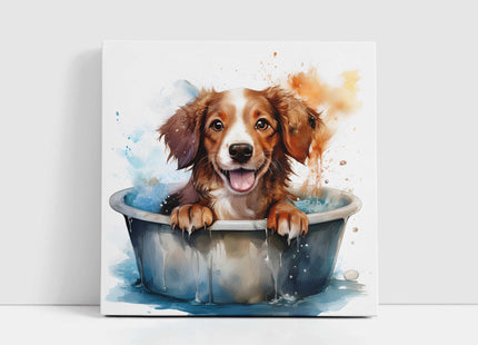 Dog in bath, canvas picture print. Cute watercolour painting canvas wall art A choice of sizes available.