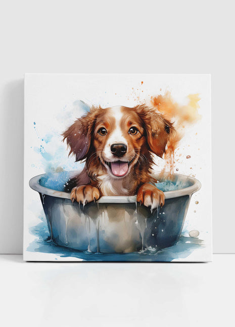 Dog in bath, canvas picture print. Cute watercolour painting canvas wall art A choice of sizes available.