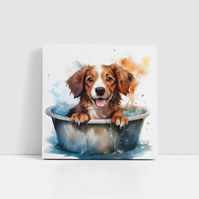 Dog in bath, canvas picture print. Cute watercolour painting canvas wall art A choice of sizes available.