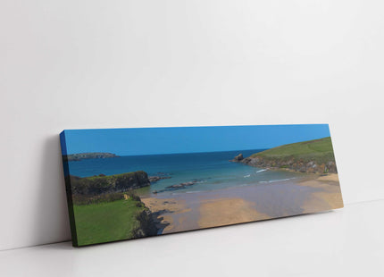 Trevone Bay beach, panoramic canvas picture print. Beautiful Cornwall beach scene. Newquay coastline with beautiful blue sea.