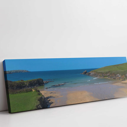 Trevone Bay beach, panoramic canvas picture print. Beautiful Cornwall beach scene. Newquay coastline with beautiful blue sea.