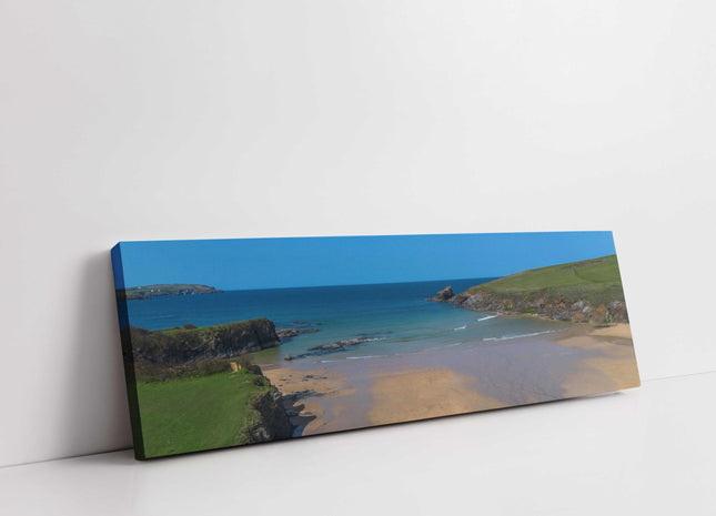 Trevone Bay beach, panoramic canvas picture print. Beautiful Cornwall beach scene. Newquay coastline with beautiful blue sea.