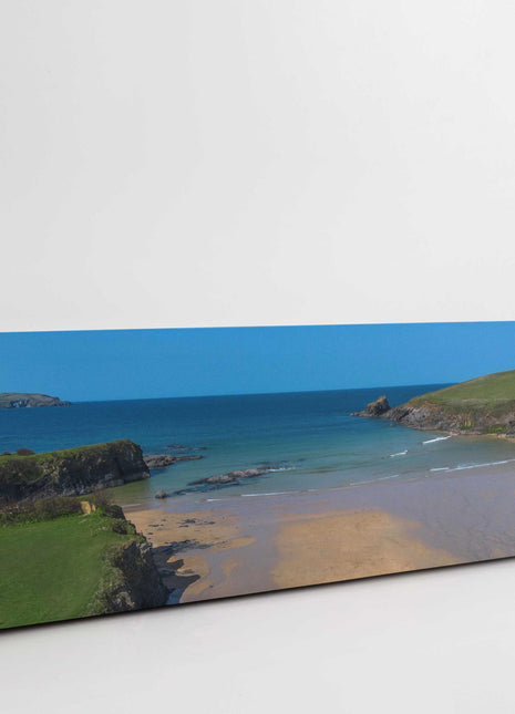 Trevone Bay beach, panoramic canvas picture print. Beautiful Cornwall beach scene. Newquay coastline with beautiful blue sea.