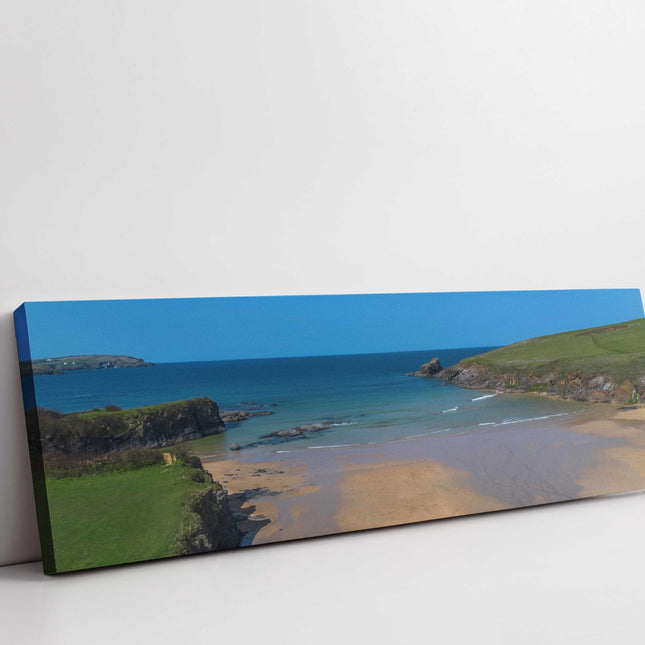 Trevone Bay beach, panoramic canvas picture print. Beautiful Cornwall beach scene. Newquay coastline with beautiful blue sea.