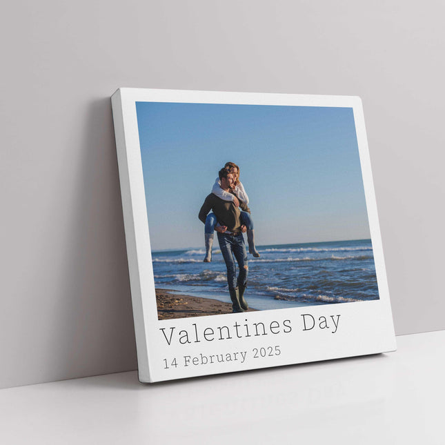polaroid single photo canvas picture print. Choose the photo and text